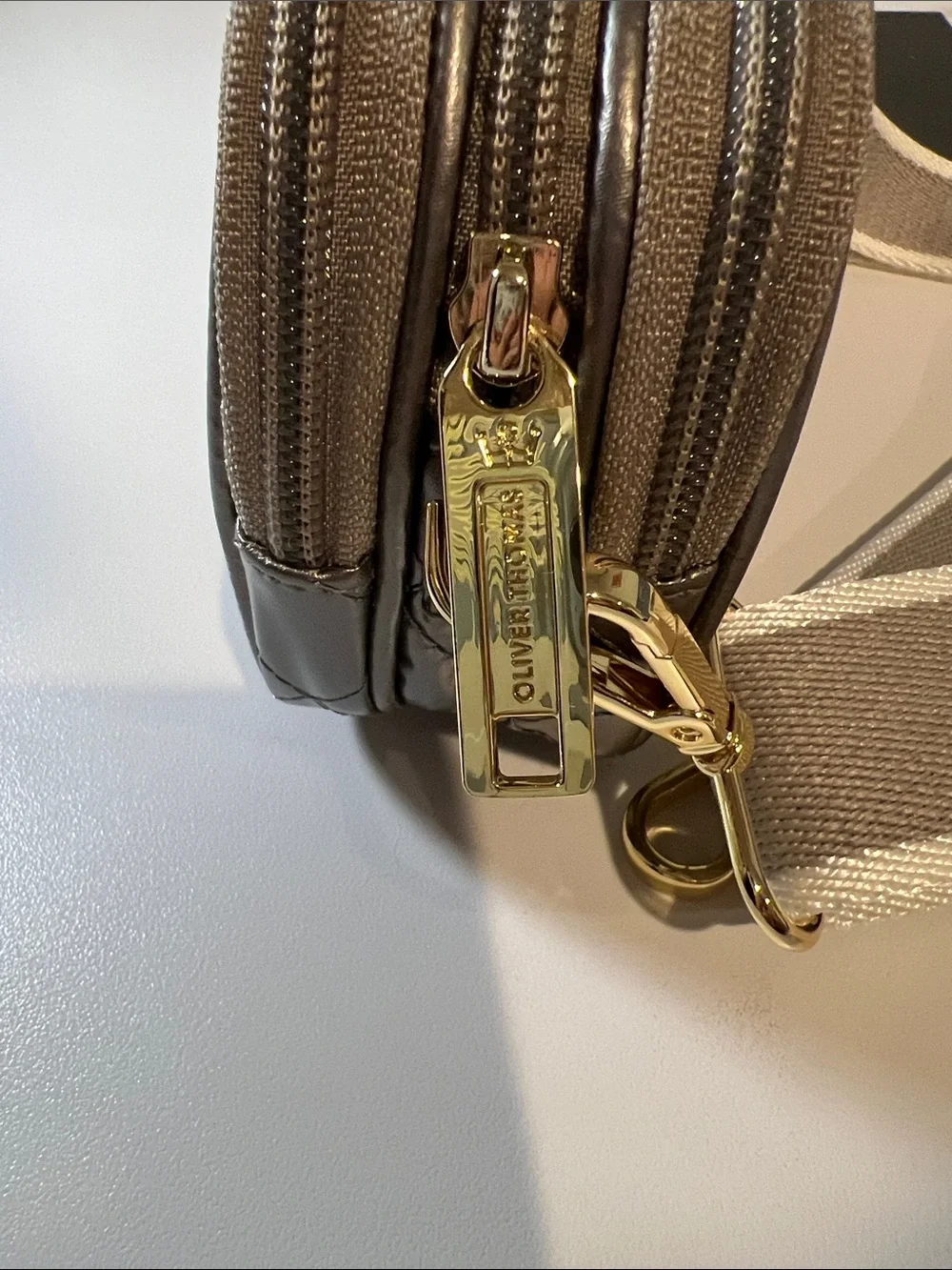 Oliver Thomas Triple Threat Quilted Metallic silver Crossbody with Gold Hardware